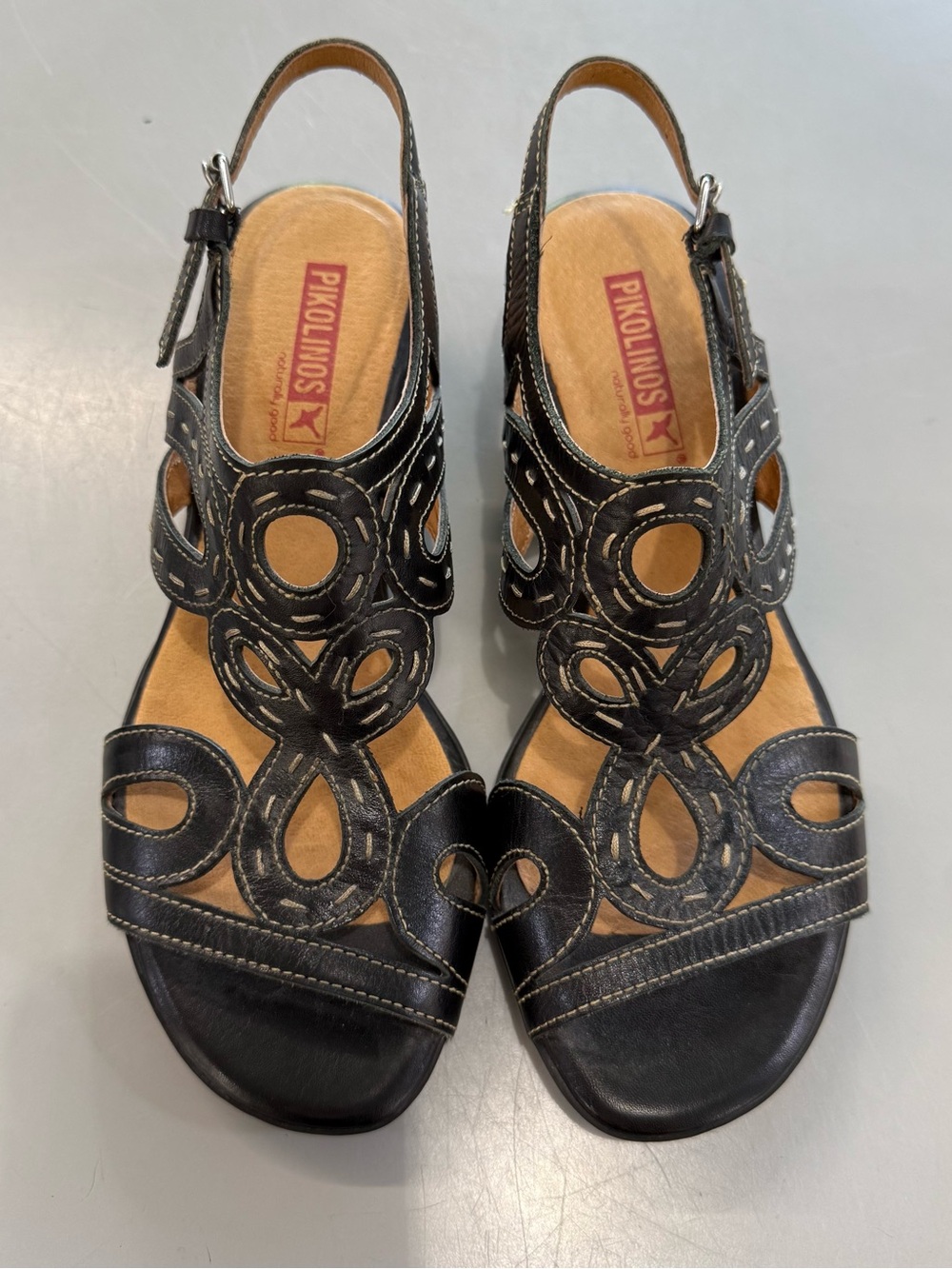 PIKOLINOS Black Leather Decorative Cutout Slingback Sandals